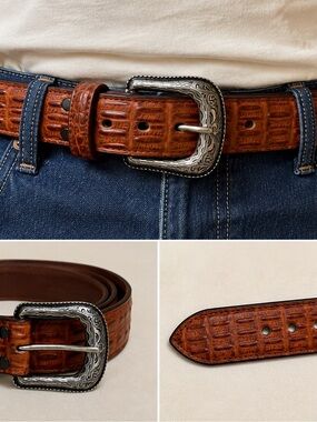Cavender’s Men’s Brown Embossed Leather Western Belt Silver Engraved Buckle